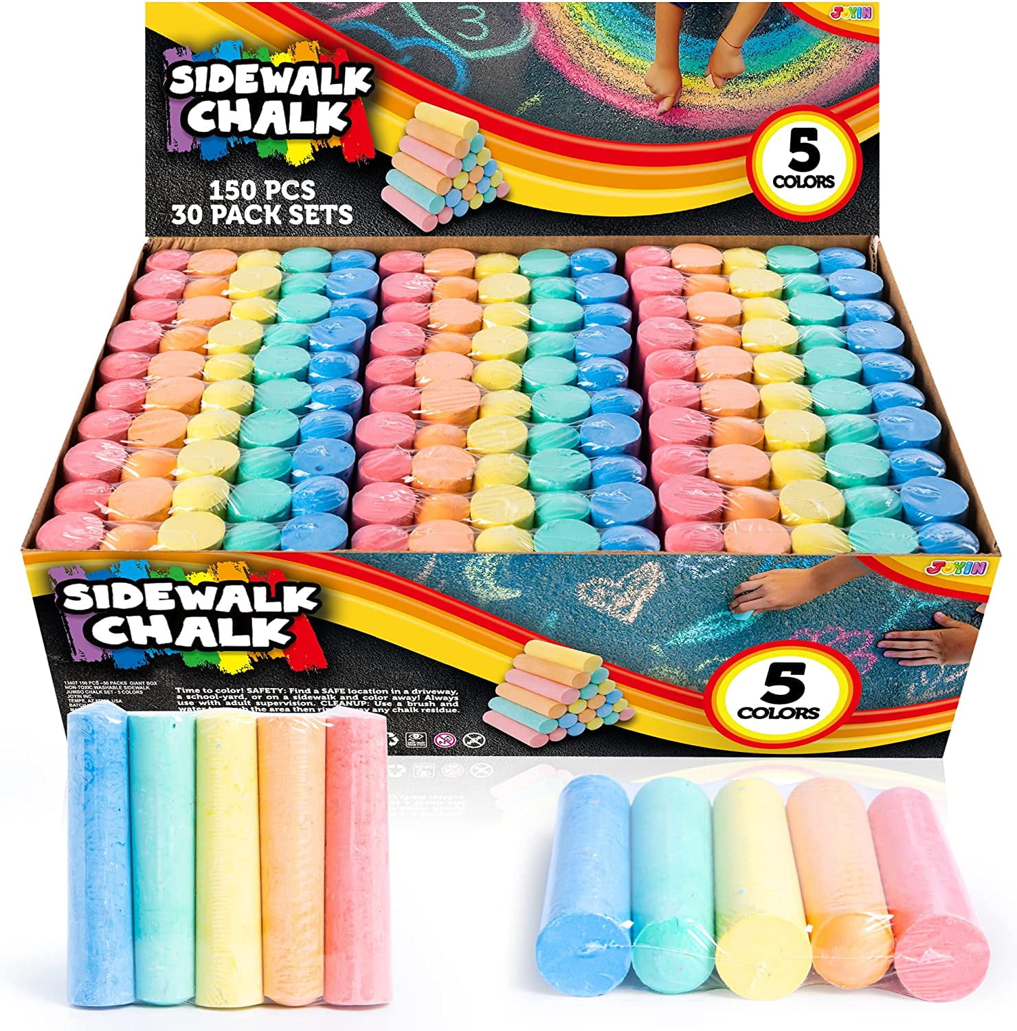 Sidewalk Colored Chalk, 20pc Box 5 Colors Washable Writing Chalks Home School Teacher Supplies Outdoor Indoor DIY Arts Play on Chalkboard Playground
