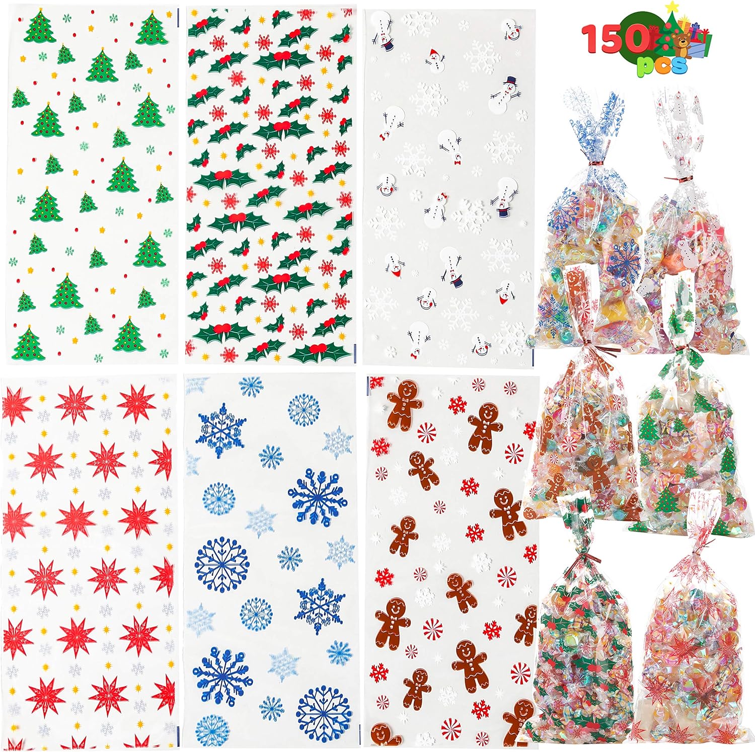 JOYIN 150 Pcs Christmas Cellophane Treat Bags, 6 Designs Clear Cello