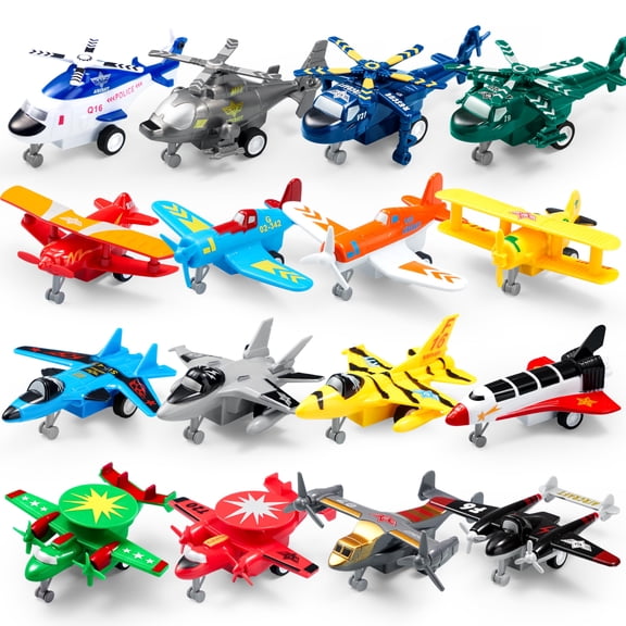 JOYIN 16 Pcs Pull Back Airplane Toys, Boys Plane Playset, Aircraft Incl Helicopter, Fighter, Bomber, Gifts for Toddler Kids 3+ Years Old, Easter Basket, Treasure Box Toys for Classroom