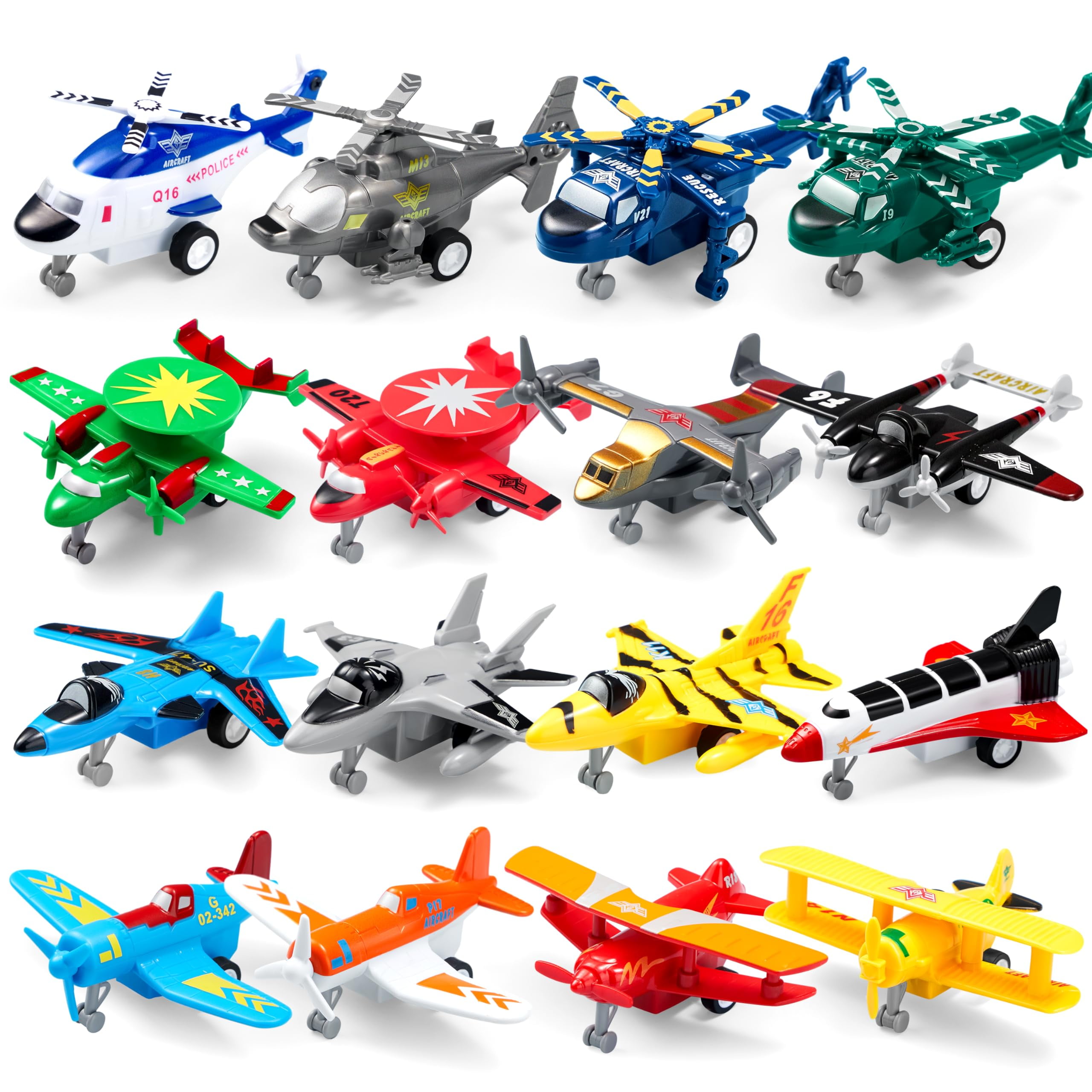 Colorful Diecast Pull Back Airplane Toy Set, 16 Pieces