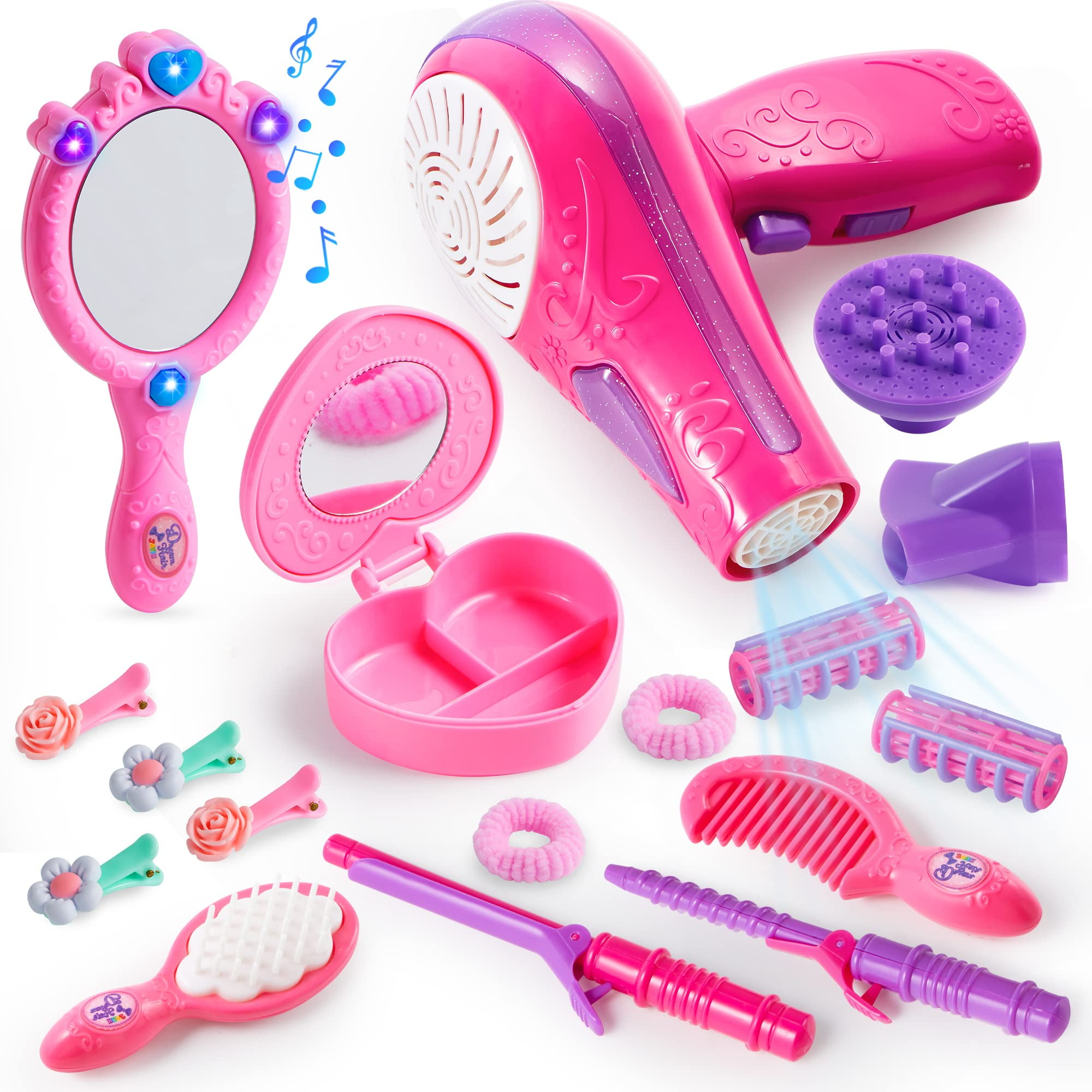 JOYIN 17Pcs Girls Beauty Salon Set, Pretend Play Doll Hair Stylist Toy Kit  for Kids Toddler Fashion Cutting Makeup Party Favor, Birthday Gift