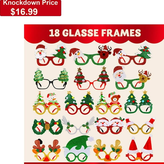 JOYIN 18 Pcs Christmas Eyeglasses Frames Glitter Photo Booth Props for Kids Adult Party Favors Holiday Supplies (One Size Fits All)