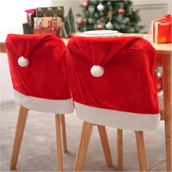 2 Pcs Christmas Chair Covers, Red Hat Chair Slipcovers, Santa Claus Kitchen Chair Back Covers for Holiday Festival Decoration, Christmas Decorations Indoor Home Décor