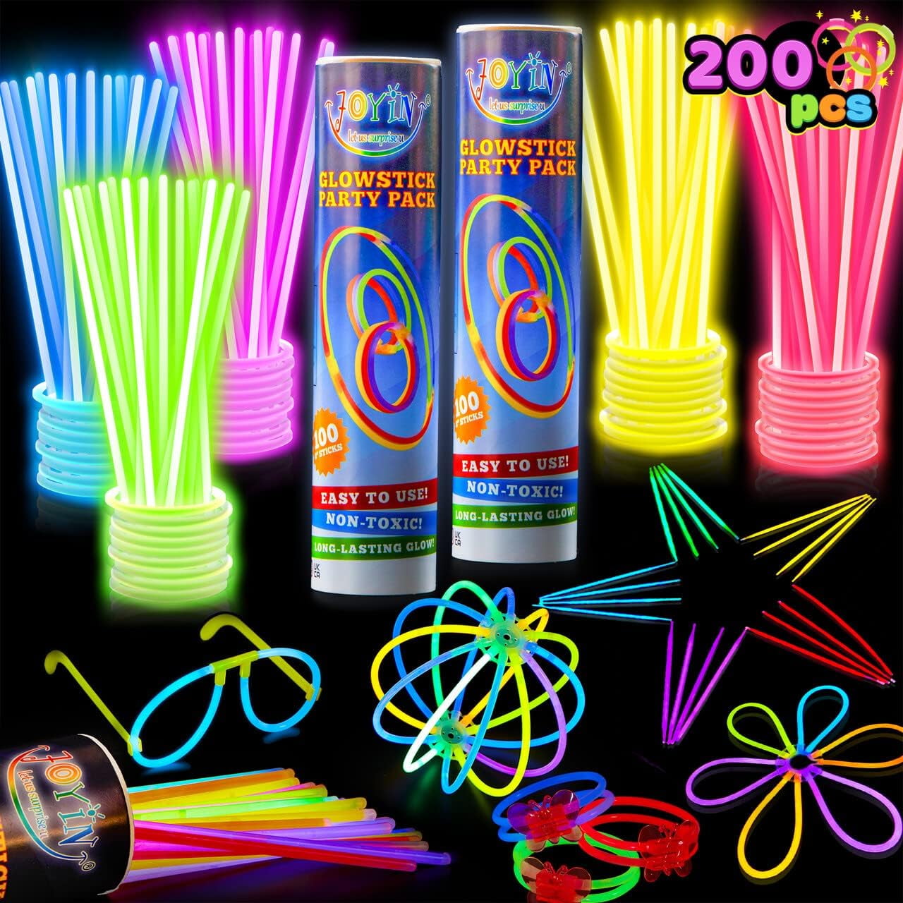 JOYIN 200 Pcs Glow Sticks 8 Glow in the Dark Sticks Glow with Necklaces and Bracelets Connectors Light up Glowsticks Party Favors d07f90d8 d89e 4010 a20f 0ac07da8e2f6.7b9f089a783433010f4bf35ff04a9762