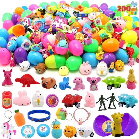 JOYIN 200 Pcs Prefilled Easter Eggs with Novelty Toys and Stickers, 2 3/8" for Filling Treats, Easter Theme Party Favor, Easter Eggs Hunt, Basket Stuffers Fillers, Classroom Prize