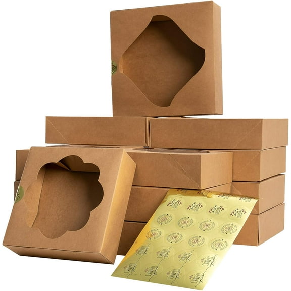 JOYIN 24 Pcs Kraft Paper Bakery Boxes with Windows and Stickers – 8x8x2.5 Inches, Perfect for Holiday Gifts, Pastries, and Baked Goods