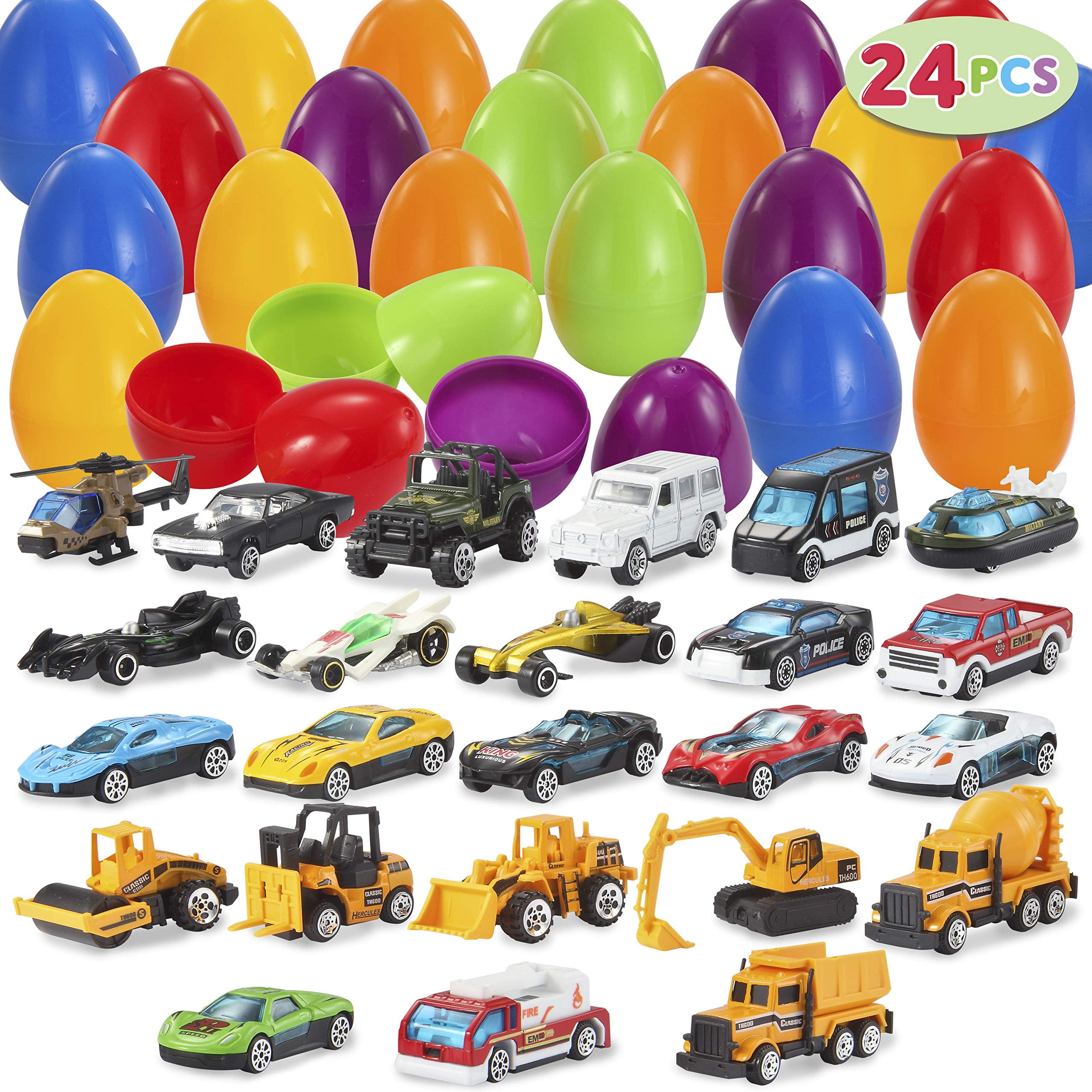 JOYIN 24 Pcs Prefilled Easter Eggs with Cars, Vehicle Toys for Boys Kids Easter Party Favor Eggs Hunt/Basket Stuffers Fillers and Classroom Prize Supplies