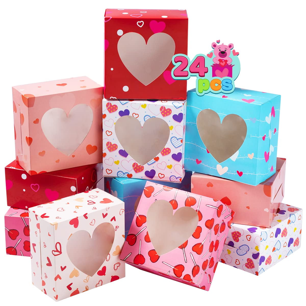 24 Pieces Valentines Boxes Small Valentines Cupcake Boxes with PVC Window  for Valentine's Day, Desserts, Biscuits, Cupcake, 3 Inch, Red, Pink, White,  Rose Pink 