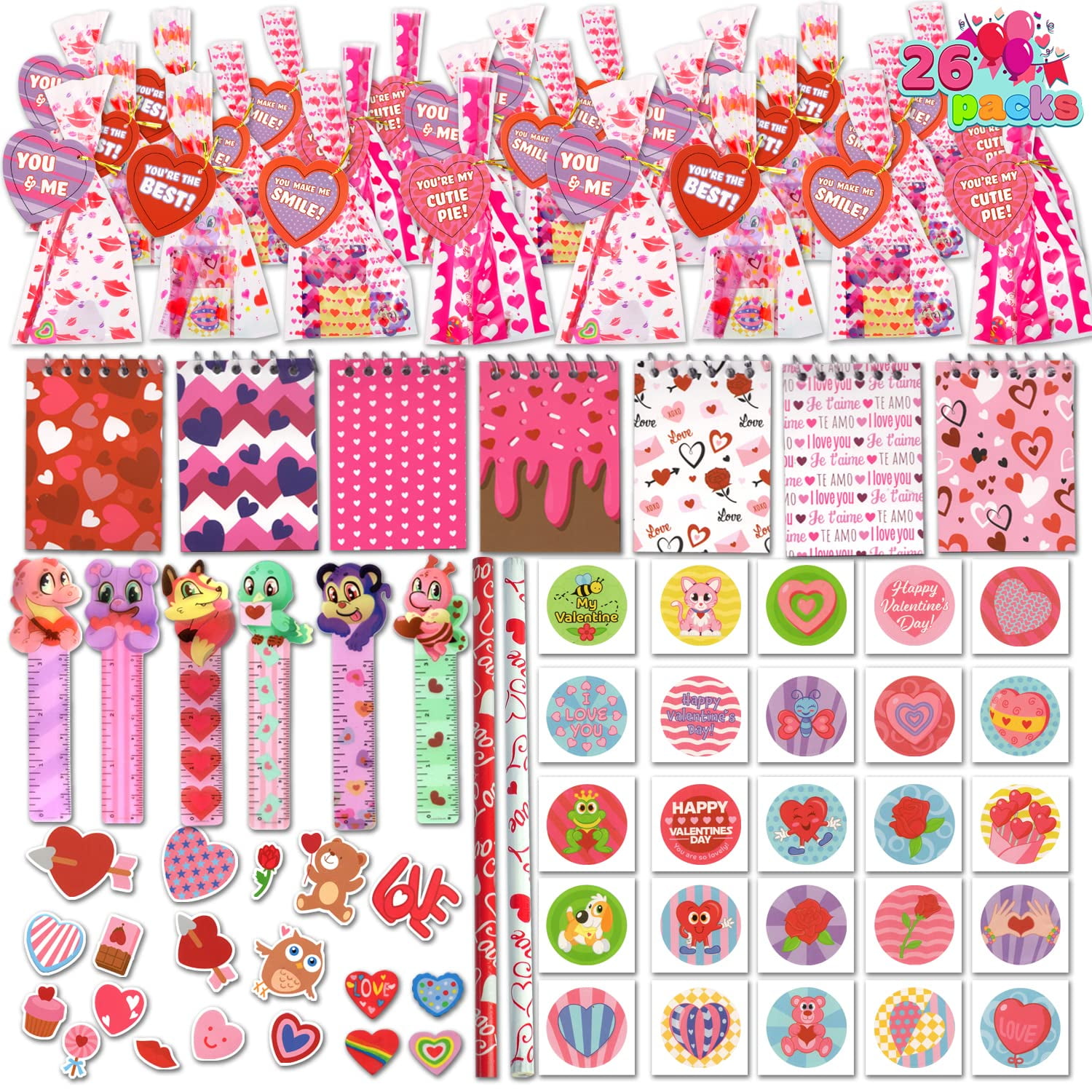 JOYIN 28 Pack Valentines Day Stationery Set with Treat Bags for Kids Party Favor, Classroom Exchange prizes?includes notebooks,rule