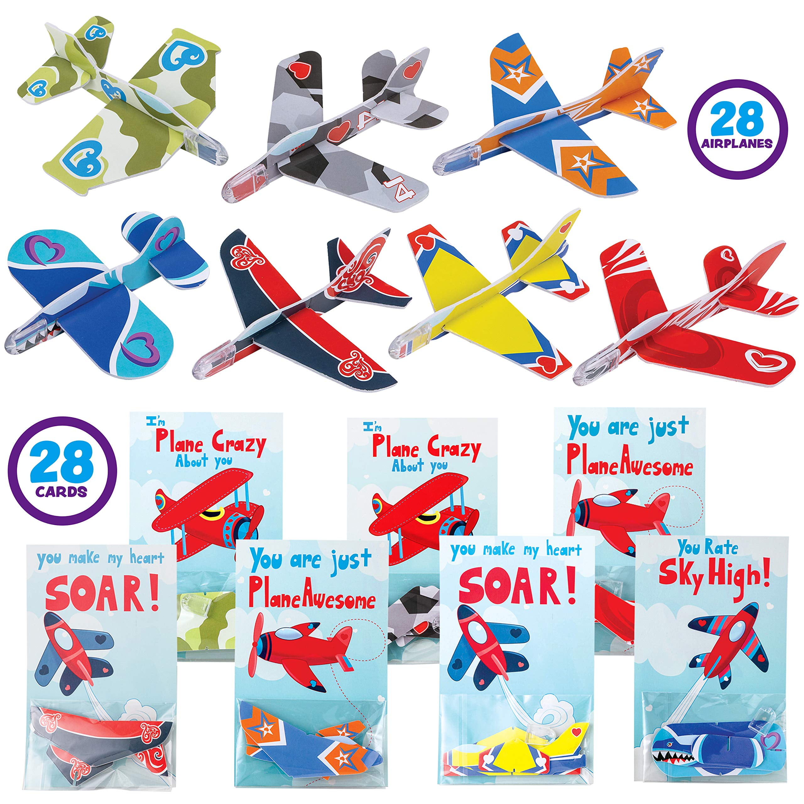 JOYIN 28 Pack Valentines Day Gifts Cards, Valentine's Greeting Cards for Kids with Foam Airplanes Valentine Classroom Exchange Party Favor Toy