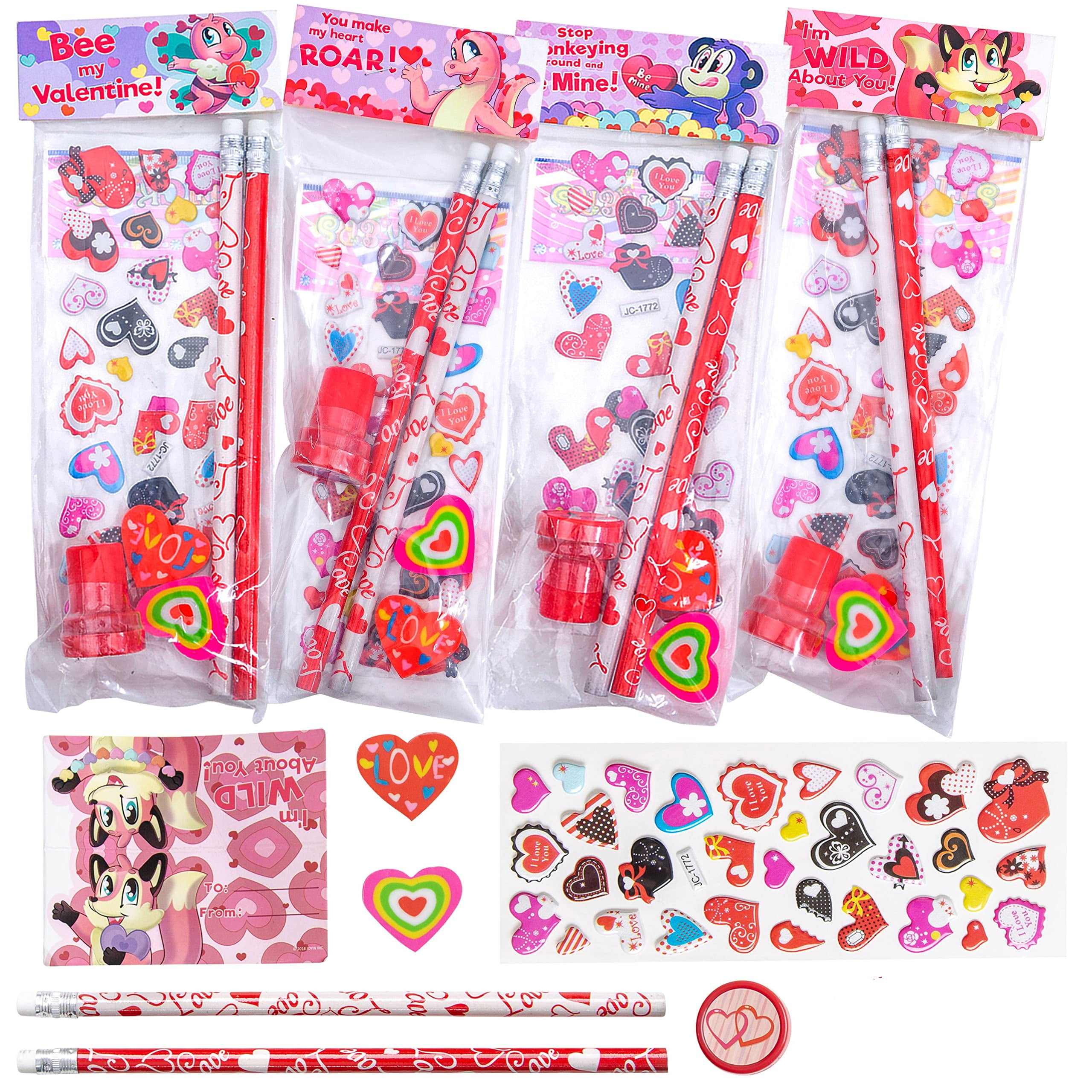 WOONOO 30 Pack Valentines Day Gifts for Kids Classroom Valentines Stationery Set - Valentine Pencils Notepads Rulers Erasers Valentines Treat Bags