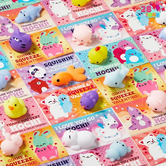 JOYIN 28 Packs Squishy Toy Gift Cards for Kids, Kawaii Mochi to Squeeze with