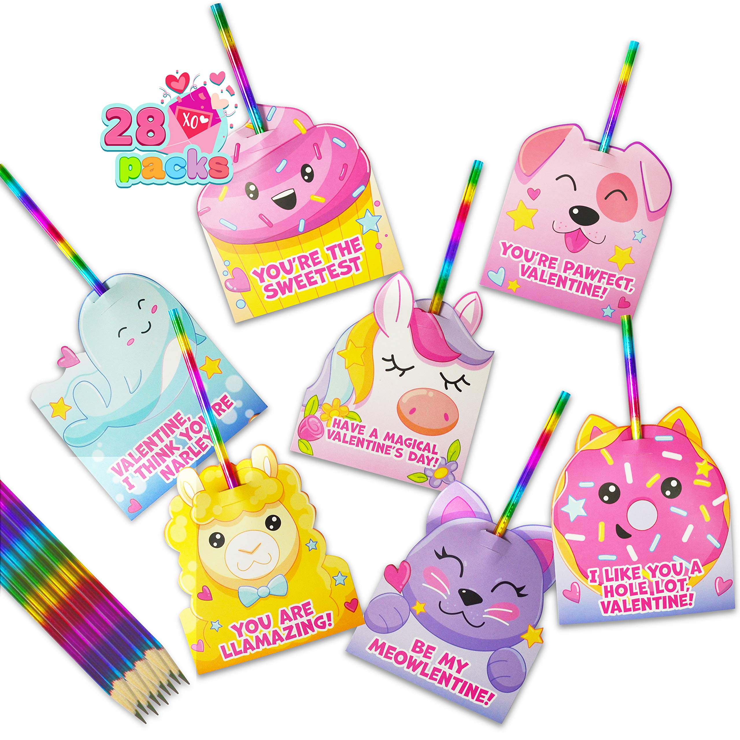 Syncfun 56Pcs Valentines Day Pencils for Kids with Cards, Unicorn Rainbow  Pencil Bulk Valentines Gifts for Kids Class Exchange Party Favor 