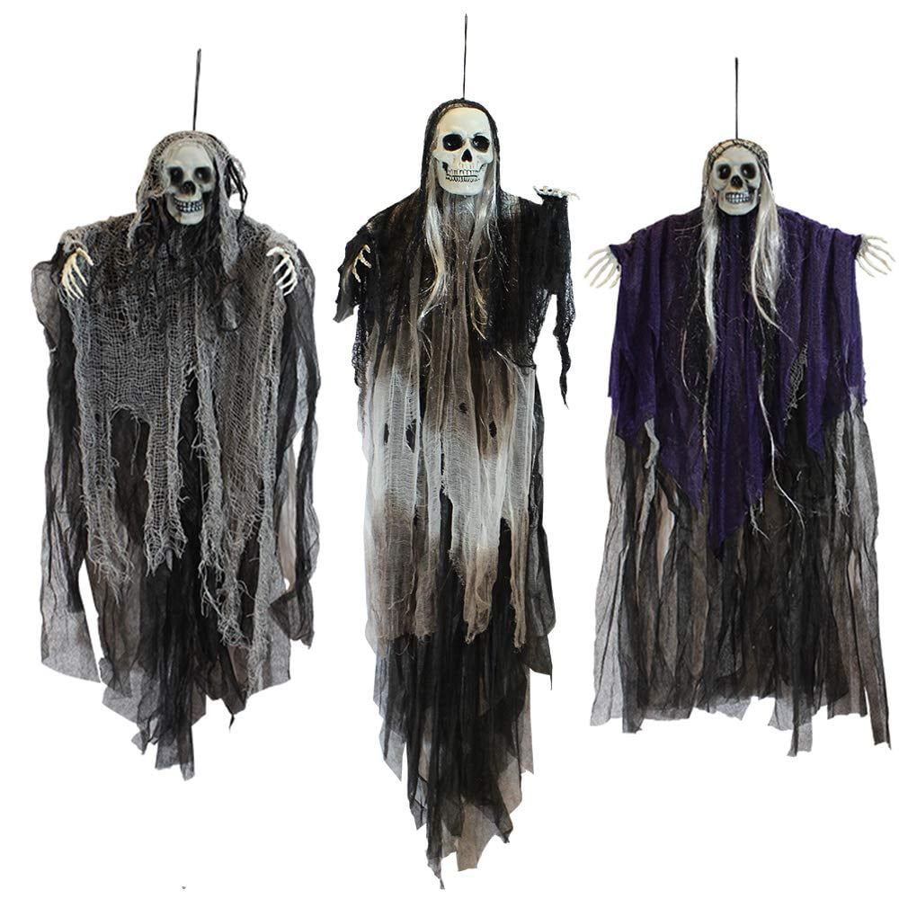 Set of 3 Hanging Halloween Skeleton Ghosts in Black and Gray Plastic