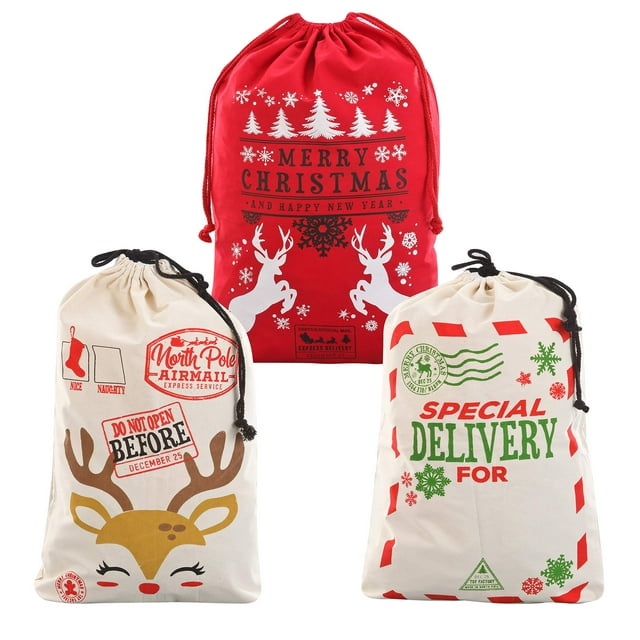 JOYIN 3 Packs Christmas Gift Bags Large, 26" x 19" Santa Burlap Sack with Drawstring for Large