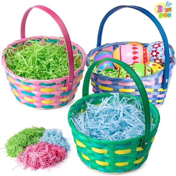 JOYIN 3 Pcs Easter Bamboo Woven Basket with 3 Colors for Kids Easter Grass Gift Basket with Handle Easter Egg Hunt Party Favors Treats Goodie