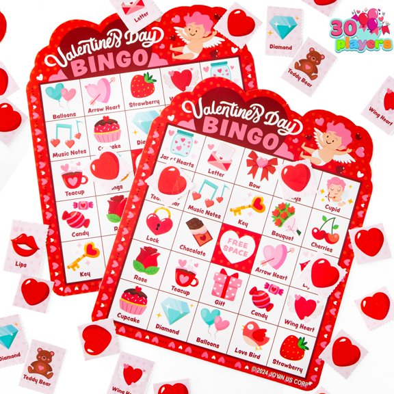 JOYIN 30 Players Valentines Day Bingo Cards (5x5) for Kids School Classroom Exchange Gift Rewards, Fun Party Games, Indoor Family Activities