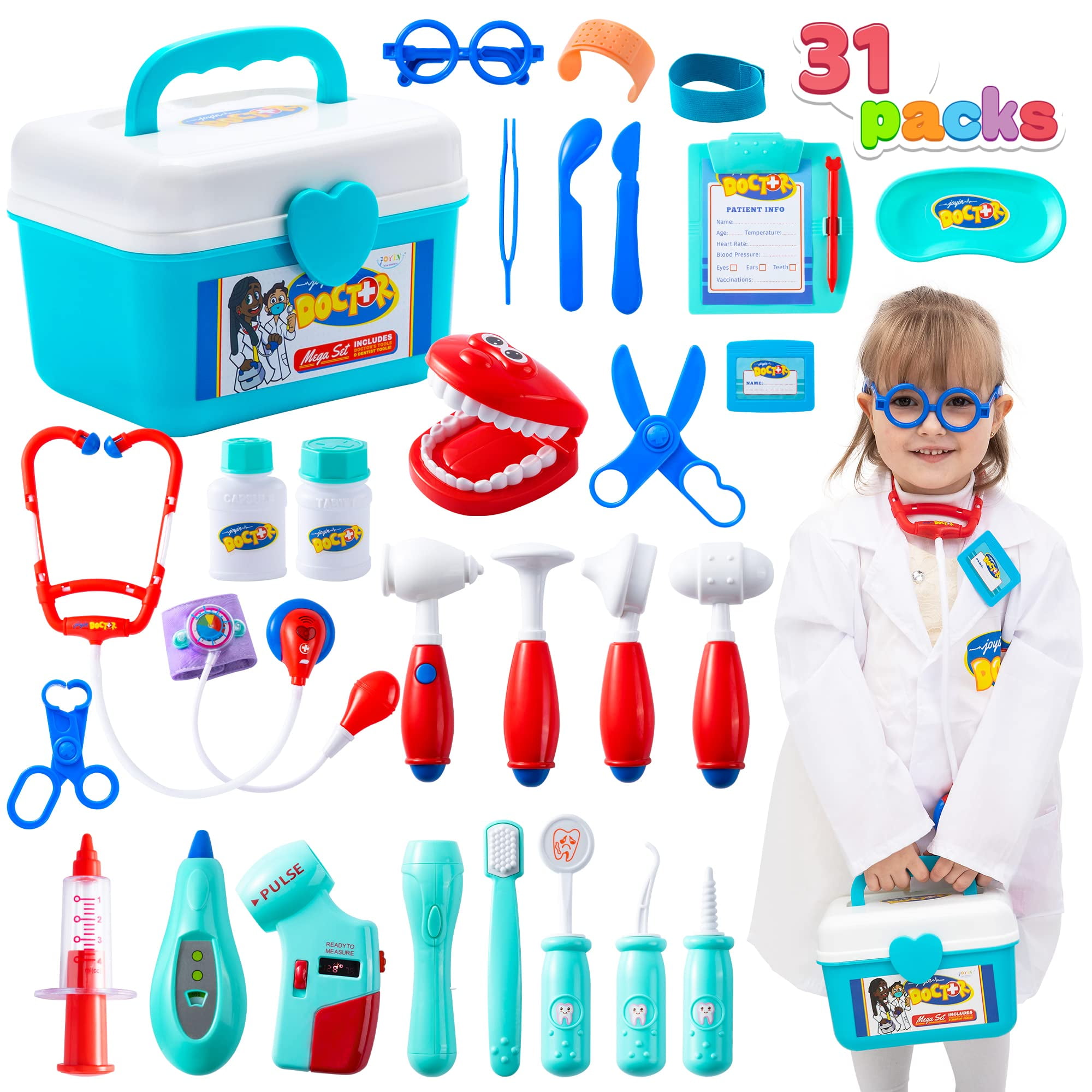 JOYIN 31Pcs Doctor Kit for Kids,Pretend Play Toys, Educational Dentist  Medical Kit with Electronic Stethoscope,Doctor Role Play Costume,Durable  Medical Dr Kit Toy 