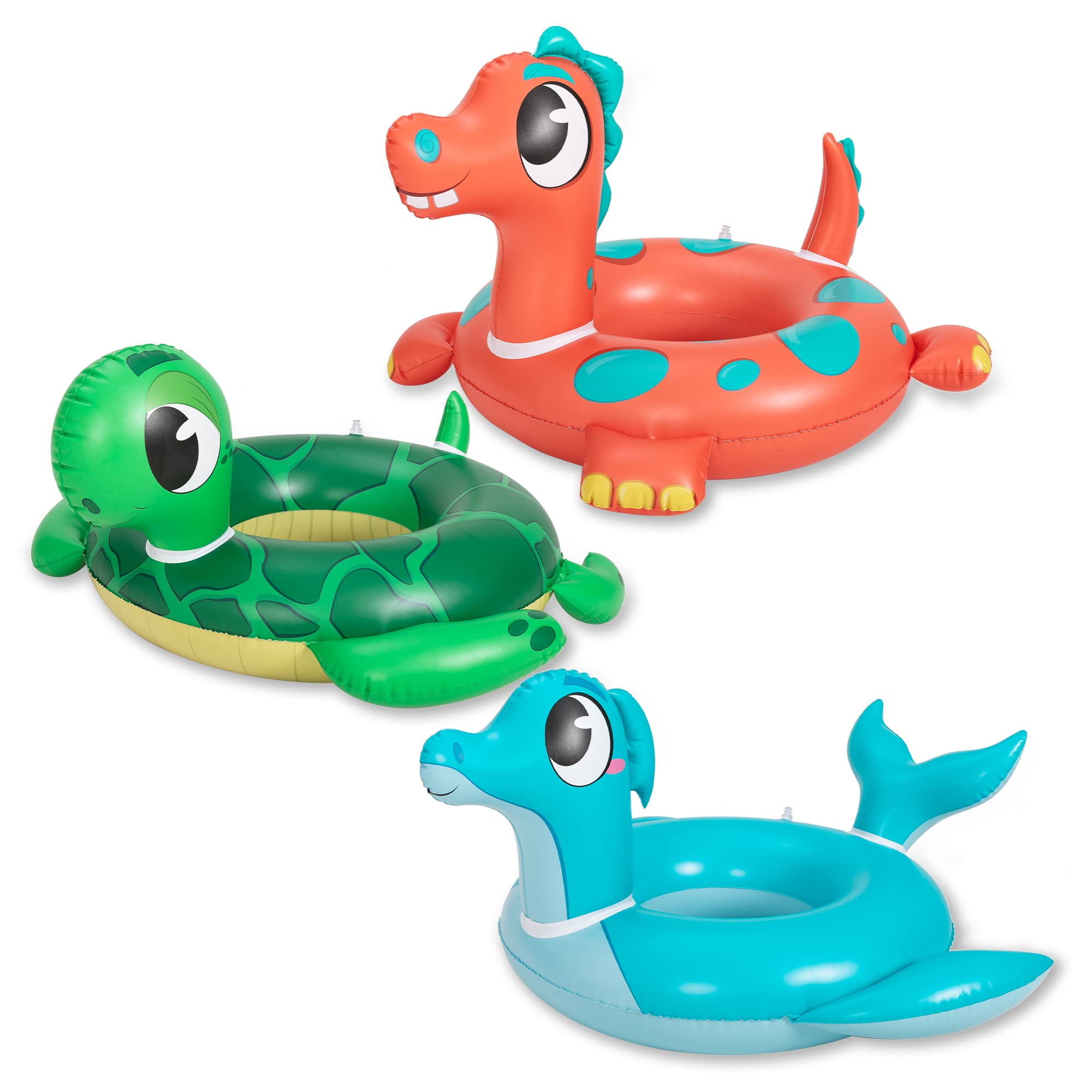 JOYIN 32" 3 Pack Inflatable Pool Tubes Pool Floats, dinosaur saur & Sea