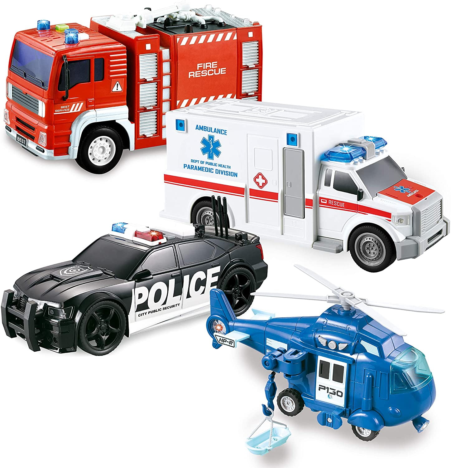 JOYIN 4 Packs Emergency Vehicle Toy Playsets, Friction Powered Vehicles ...