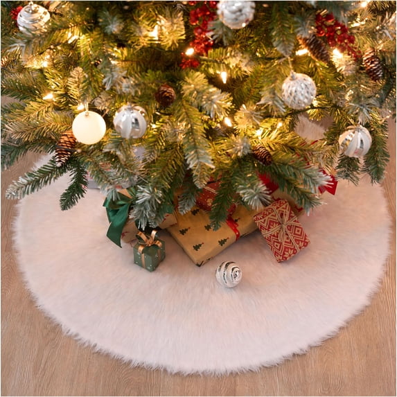 JOYIN 48Inch Christmas Tree Skirt,White Faux Fur Snowy White Plush Velvet Christmas Tree Skirt for Merry Christmas Holiday Tree Decorations and Party