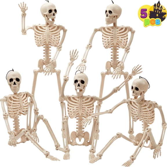 "JOYIN 5 PCS Posable Halloween Skeleton D r 16 Inches, Full Body Posable Joints Hanging Skeletons for Halloween D rations, Graveyard Props, Haunted House Accessories, Spooky Scene Party Favors "