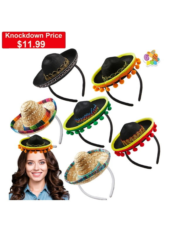 JOYIN 6 Pcs Cinco De Mayo Sombrero Headbands Fabric & Straw Fiesta Hat Party Supplies Luau Event Photo Props Mexican Theme Decorations, Party Costume for Fun