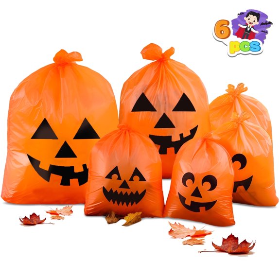 Joyfy 6 Pcs Halloween Pumpkin Leaf Bags, Plastic Lawn Bags for Yard Fall Leaf Halloween Decorations, Jack o' Lantern Reusable Trash Bag for Party Favor