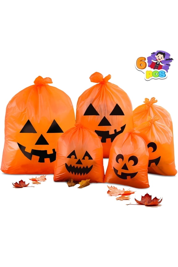 6 Pcs Halloween Pumpkin Leaf Bags, Plastic Lawn Bags for Yard Fall Leaf Halloween Decorations, Jack o' Lantern Reusable Trash Bag for Party Favor