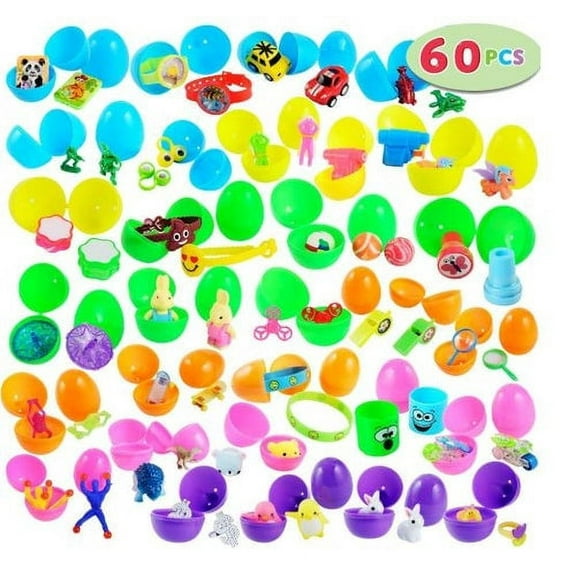 JOYIN 60 Toys Filled Easter Eggs, 2.5 Bright Colorful Prefilled Plastic Easter Eggs with 30 Kinds of Popular Toys