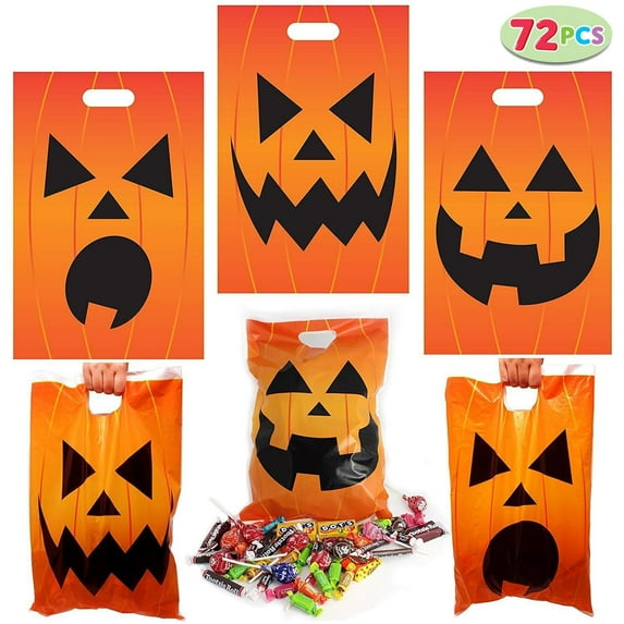 JOYIN 72 Pcs Halloween Jack O Lantern Goodie Bags for Kids Trick-or-Treat, Halloween Trick or Treat Bags Plastic Pumpkin Candy Bags for Halloween Party Favors Party Supplies, Halloween Treats