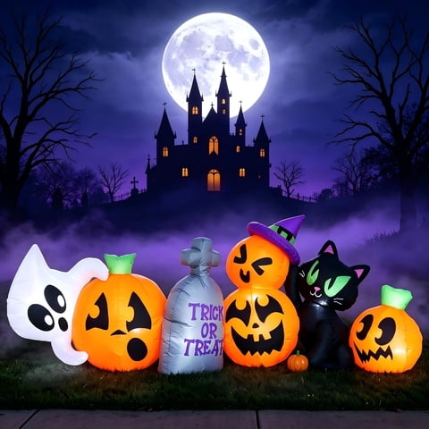 Joyfy 8 FT Long Halloween Inflatables Pumpkin Outdoor Decoration,Halloween Blow Up Decorations Outside Inflatable Pumpkin Ghost Cat Tombstone with LEDs for Yard Decor