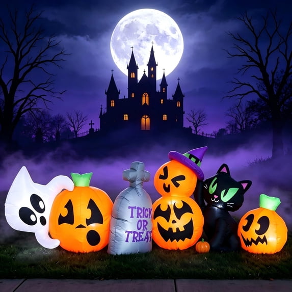 Joyfy 8 FT Long Halloween Inflatables Pumpkin Outdoor Decoration,Halloween Blow Up Decorations Outside Inflatable Pumpkin Ghost Cat Tombstone with LEDs for Yard Decor