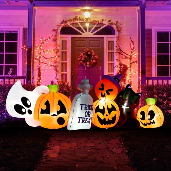 Joyfy 8 ft Halloween Inflatables Characters,Long Light Up Pumpkin Ghost Cat Tombstone Halloween Blow up Yard Decorations,Outdoor Halloween Decor