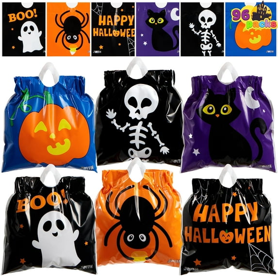 JOYIN 96 Pcs Halloween Drawstring Candy Bags, Small Trick or Treat Bags, Plastic Goodie Bags Halloween Party Favors
