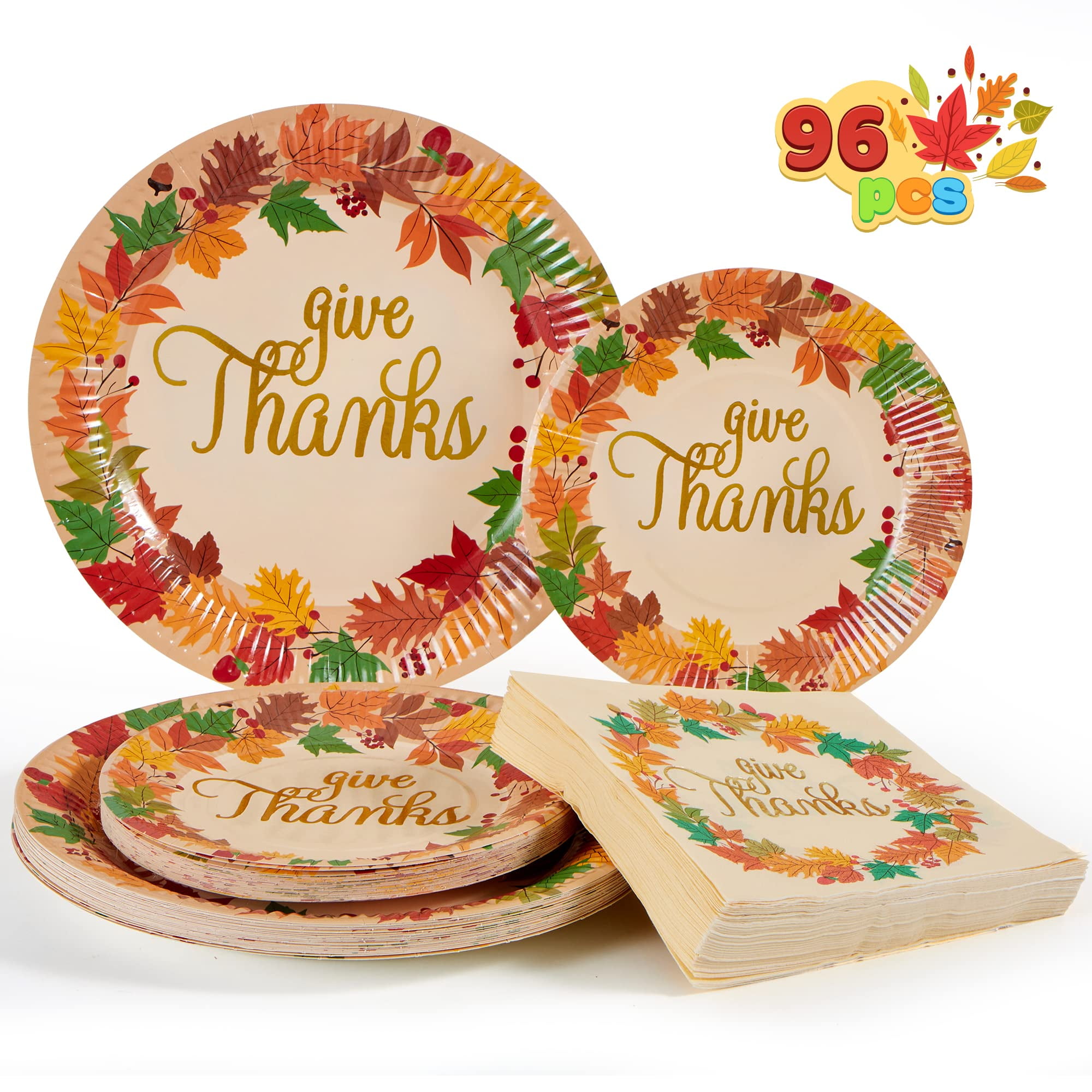 JOYIN 96Pcs Thanksgiving Paper Plates and Napkins Disposable Dinnerware Set for 24 guests give