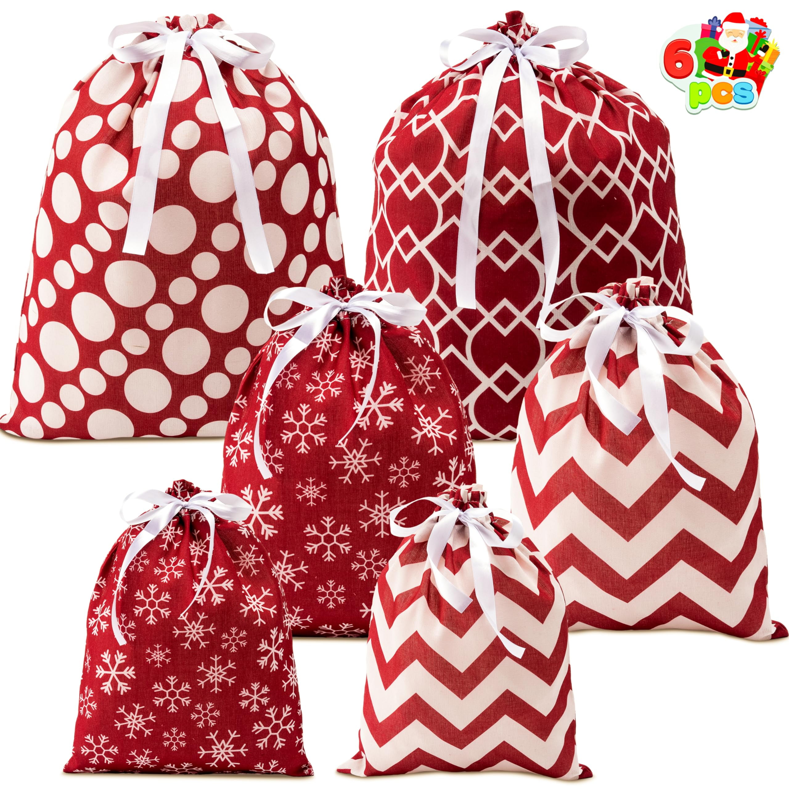 JOYIN Christmas Drawstring Gift Bags, 6Pcs Santa Sack Large Medium Small Sized Gift Wrapping Bag