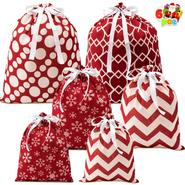 JOYIN Christmas Drawstring Gift Bags, 6Pcs Santa Sack Large Medium