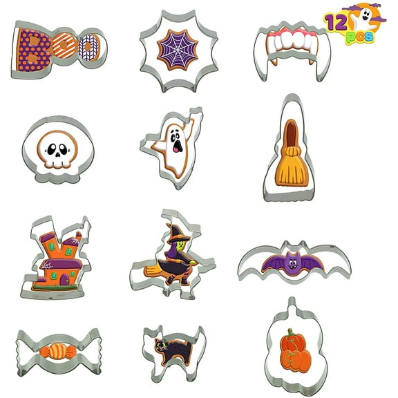 JOYIN Halloween Cookie Cutter Set, 12 PCS Stainless Steel Biscuit Cutters For Baking-Black Cat, Bat, Ghost, Witch, Pumpkin, Spider Web, Skull, Candy For Halloween Party Decoration
