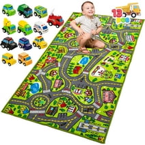 JOYIN Kids Play Rugs with 12 Pull-Back Vehicle Set, Durable Kids Carpet Playmat Rug, City Pretend Play, Toddler Car Track Rug