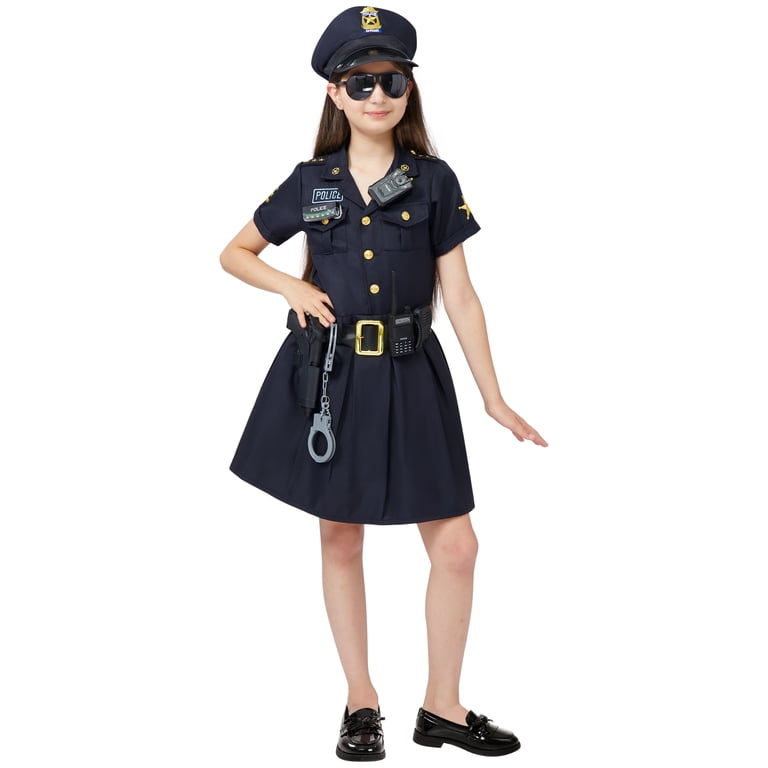 KISPATTI Kids Police Costume Set - Complete Officer Outfit For Girls, Includes Shirt, Skirt, Hat, Handcuffs, Badge & More
