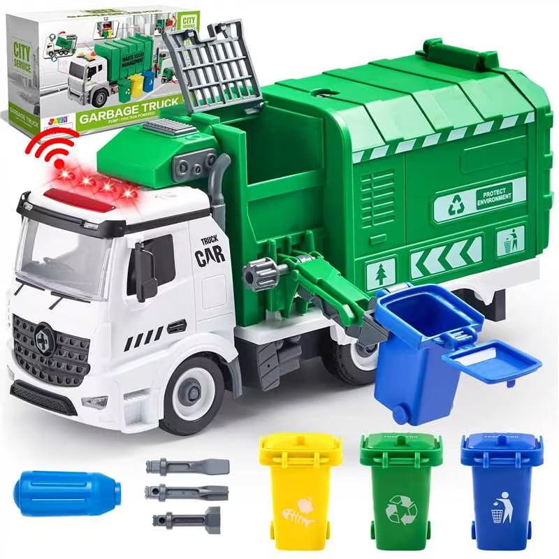 JOYIN Recycling Garbage Truck Toy for Boys, Assembly Friction Powered Side-Dump Garbage Toy with Light and Sounds. Play Car Vehicles for Kids Toddlers