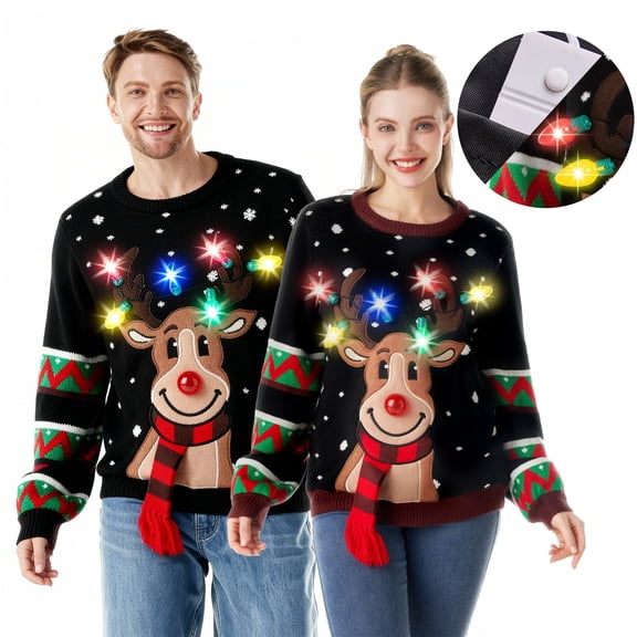 Joyfy LED Light Up Ugly Christmas Sweaters Women Men Couples, Ugly Christmas Sweater with Light Bulbs, Reindeer Holiday Sweater, Crewneck Long Sleeve Knitted Pullovers 2025 (Black)