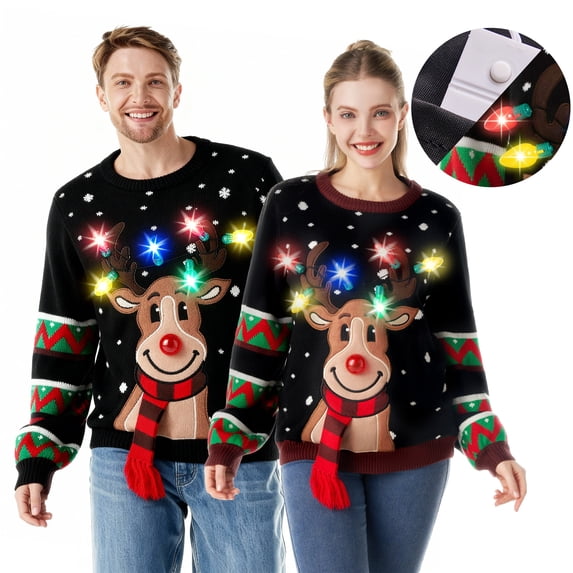 Joyfy LED Light Up Ugly Christmas Sweaters Women Men Couples, Ugly Christmas Sweater with Light Bulbs, Reindeer Holiday Sweater, Crewneck Long Sleeve Knitted Pullovers 2025 (Black)
