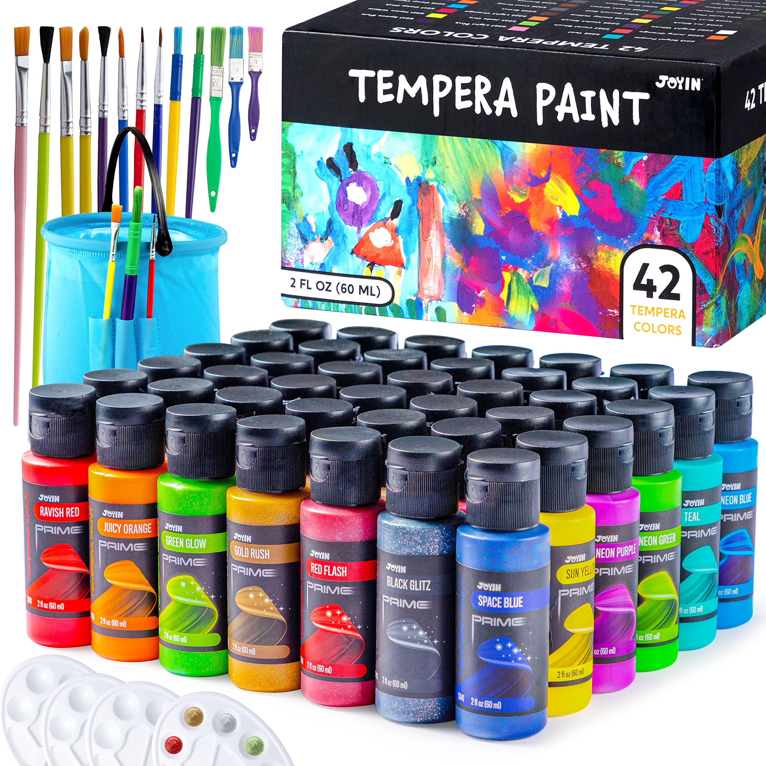 JOYIN Washable Paint for Kids 42pcs - Non-Toxic- Tempera Paint Set (2 oz Each), Liquid Paint with 15 Brushes and 4 Palettes - Paint for Arts and Craft