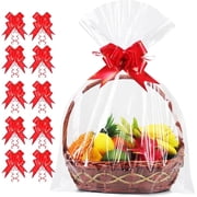 TickJOY 10PCS Extra Large Cellophane Wrap for Gift Baskets, 35x55 Inch Clear Cellophane Bags with 10 Red Bows, 3 Mil Thicker Cellophane Gift Bags for Gift Basket Wrap, Gift Giving