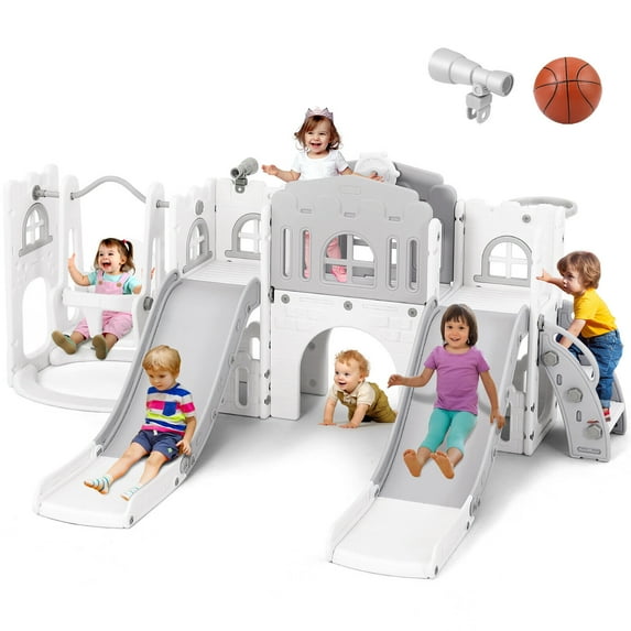 JOYLDIAS 10 in 1 Toddler Double Slides Kids Playset with Swing, Climber, Basketball Hoop, Tunnel, Telescope, Storage Space and Non-Slip Steps, Indoor Outdoor Backyard Playground (White&Gray)