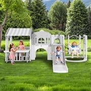 JOYLDIAS 10 in 1 Toddler Slide Kid Climber Slide Playset Playhouse with Swing, Basketball Hoop, Telescope, Indoor Outdoor Gray, White