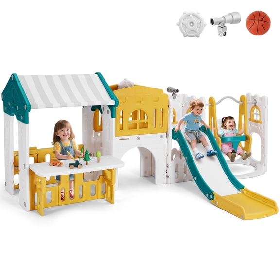 JOYLDIAS 10in1 Toddler Slide and Swing Playset Kids Climber Playground with Playhouse,Basketball Hoop,Telescope,Indoor Outdoor Toys,Xmas Gift(Green&Yellow&White)