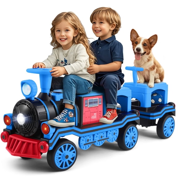 JOYLDIAS 12V 2 Seater Toy Ride on Train with Detachable Carriage, Music, Train Honk, Lights, High/Low Speed and Storage, Blue